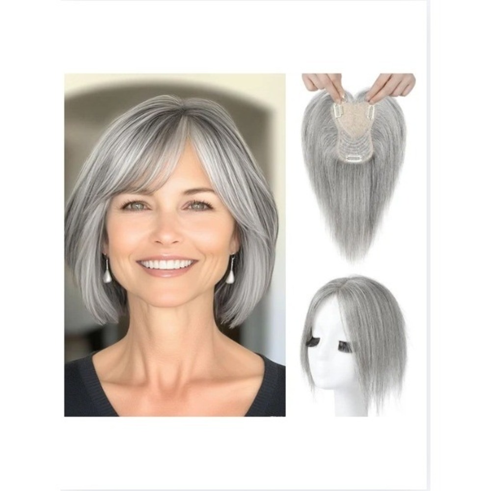 REECHO Human Hair Topper with Bangs Gray Real Hair Wiglet Volume 8HPAD-HM-GRAY02